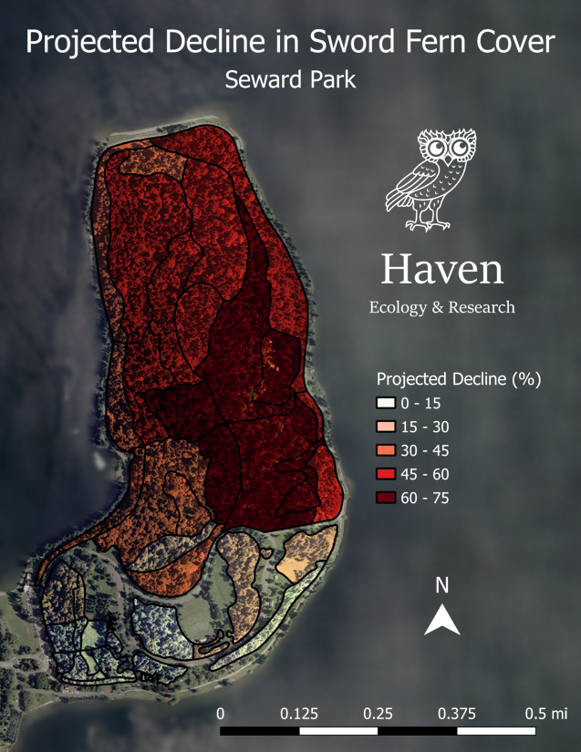 map of Seward Park showing areas where sword ferns are declining